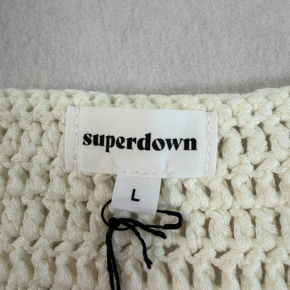 Superdown Open Knit Crochet Mini Dress Sz L Ivory Boho Beach Cover Up Festival - Picture 6 of 10